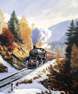 Steam locomotive traveling through snowy mountain pass with autumn trees and billowing steam