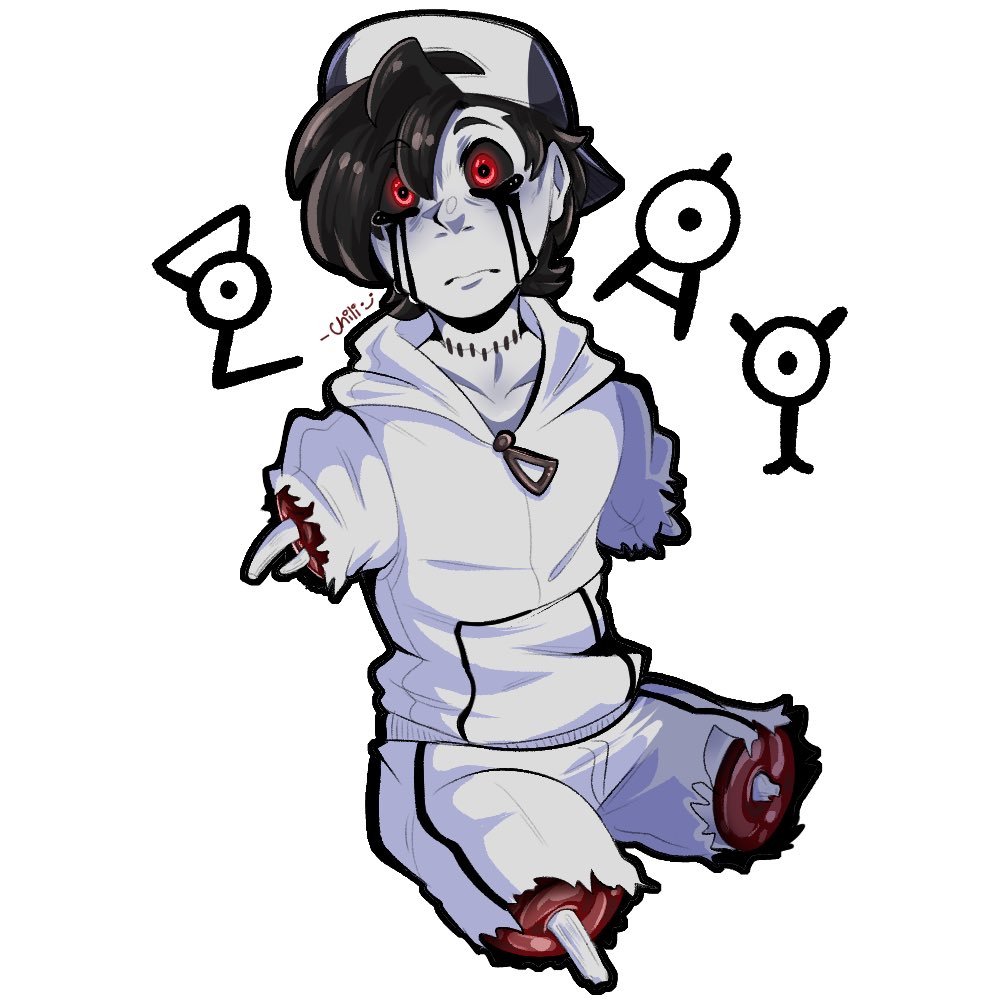 Ghostly pale character with black hair, red eyes, and missing limbs floating against white background with symbols