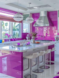 Bright modern kitchen with glossy purple cabinets, white island, and stainless steel rangehoods