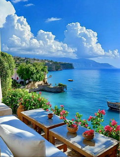 Terace with wooden furniture and flowers overlooking a turquoise Mediterranean bay with boats and cliffs