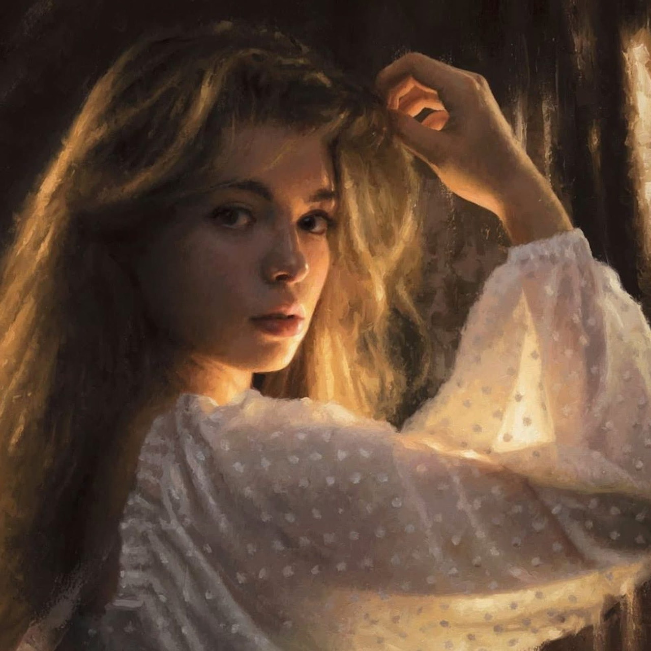 Painting of a young woman with long hair in a sheer white blouse, lit warmly indoors