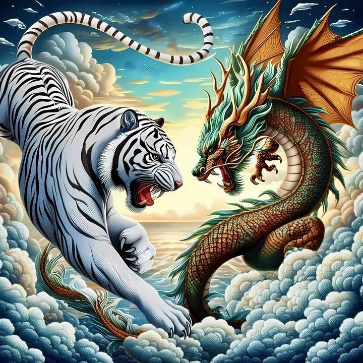 White tiger confronting a dragon with orange wings in cloudy sky