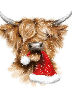 Watercolor illustration of a highland cow with horns holding a red Santa hat in its mouth with falling snow