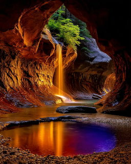 Waterfall streaming into a glowing pool inside a red sandstone canyon cave with green tree above