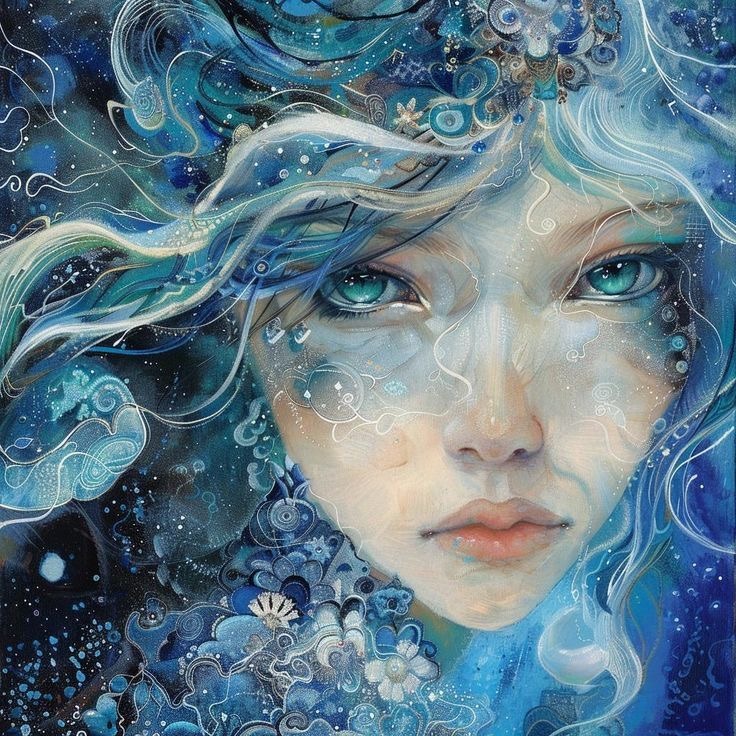 Fantasy watercolor painting of a blue-haired woman with turquoise eyes surrounded by swirling water and flowers