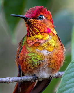 Close-up of a colorful hummingbird with red, orange, yellow and green feathers perched on a branch