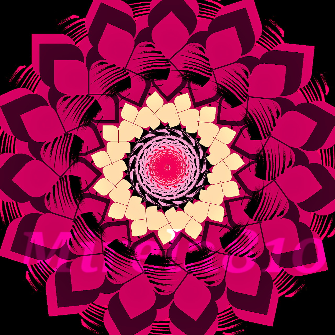 Symmetrical pink and magenta mandala with geometric lotus petals and cream center on black background