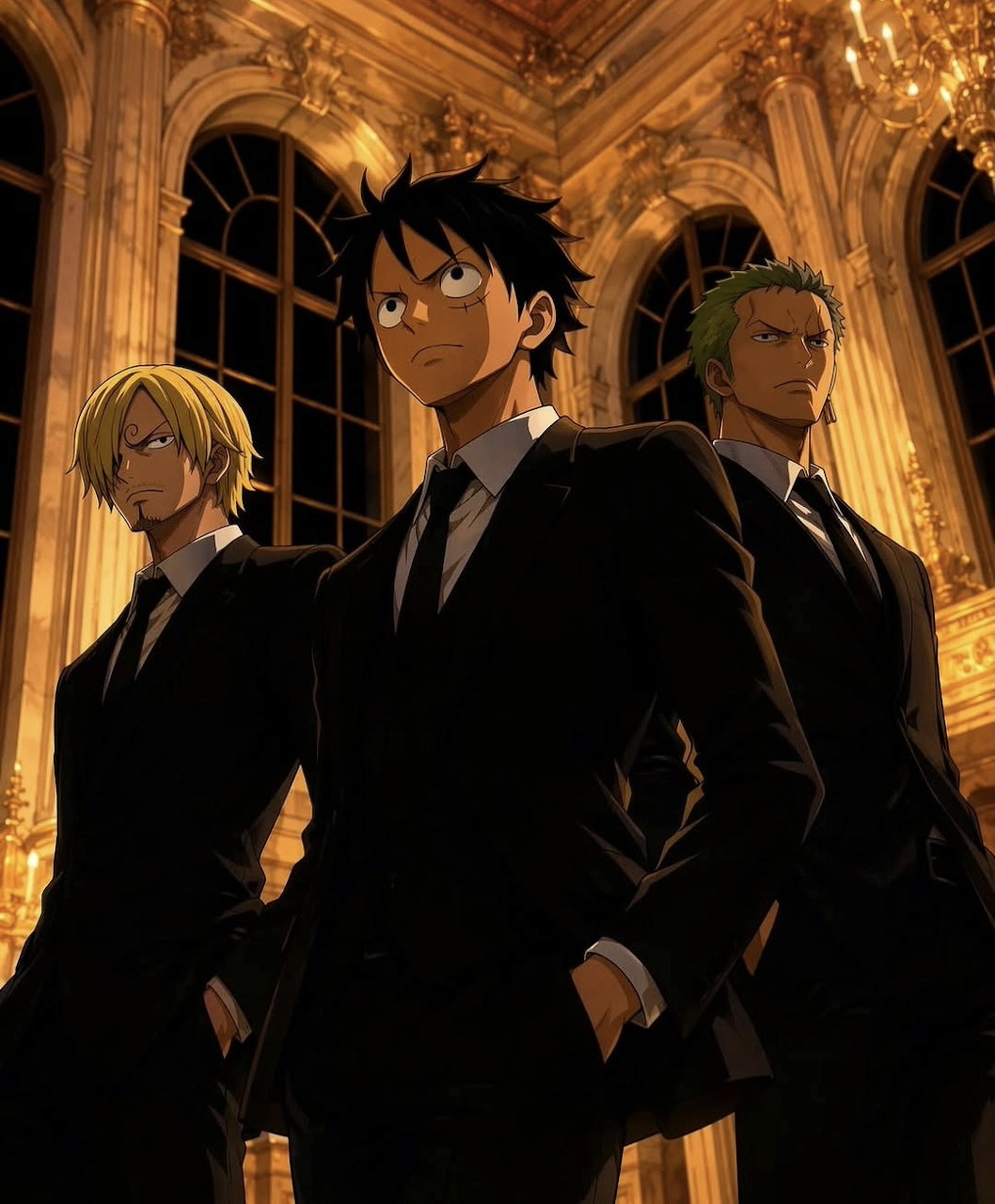 Sanji, Luffy, and Zoro from One Piece wearing black suits in an ornate golden interior