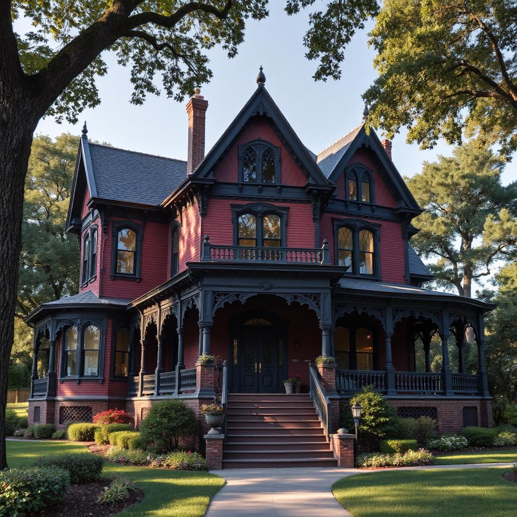 Red Victorian house with turret, decorative trim, and wrap-around porch on green lawn
