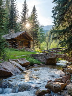Log cabin next to mountain creek at sunrise with pine trees and flowing water over rocks