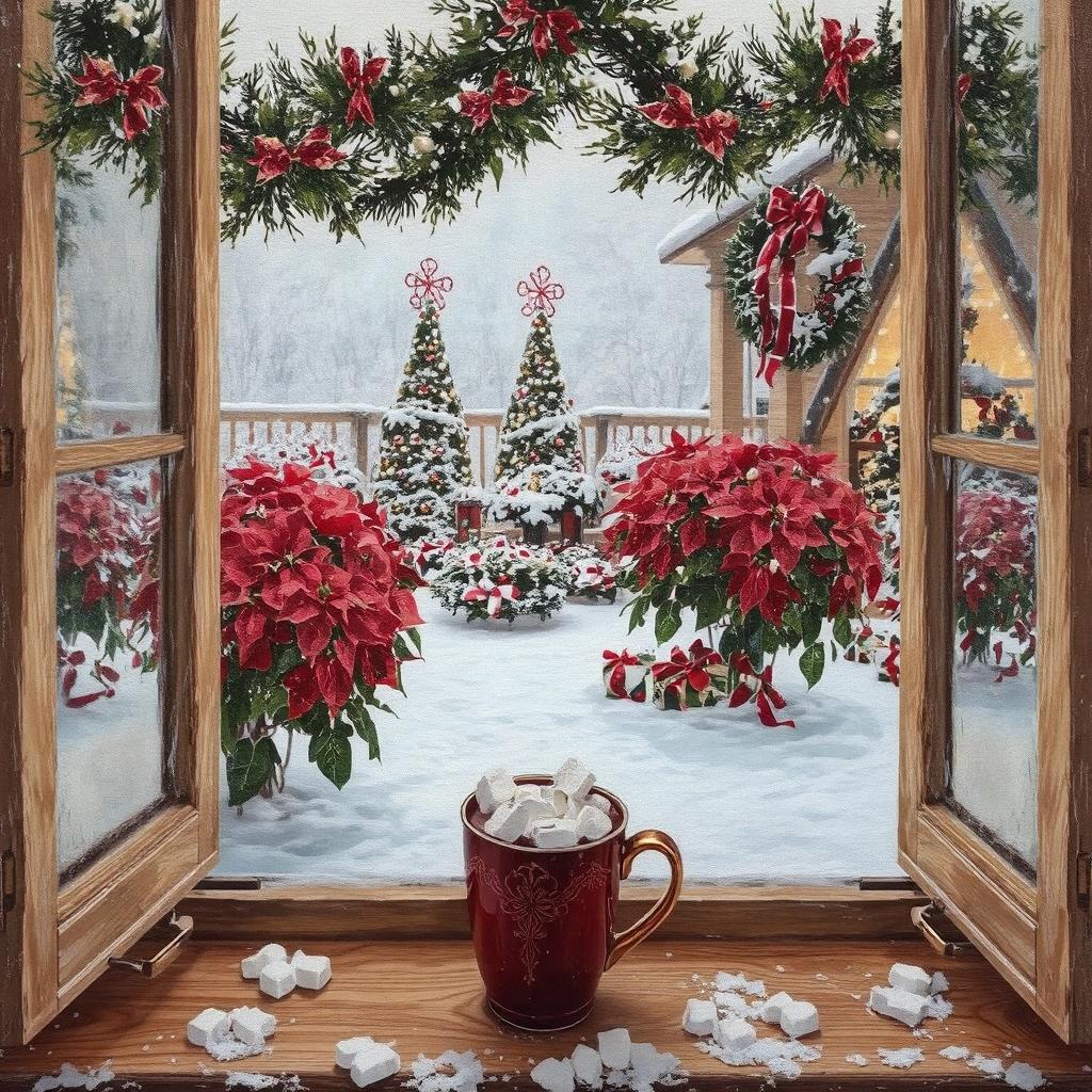 Hot chocolate by an open window with a snowy Christmas garden, poinsettias, and decorated trees