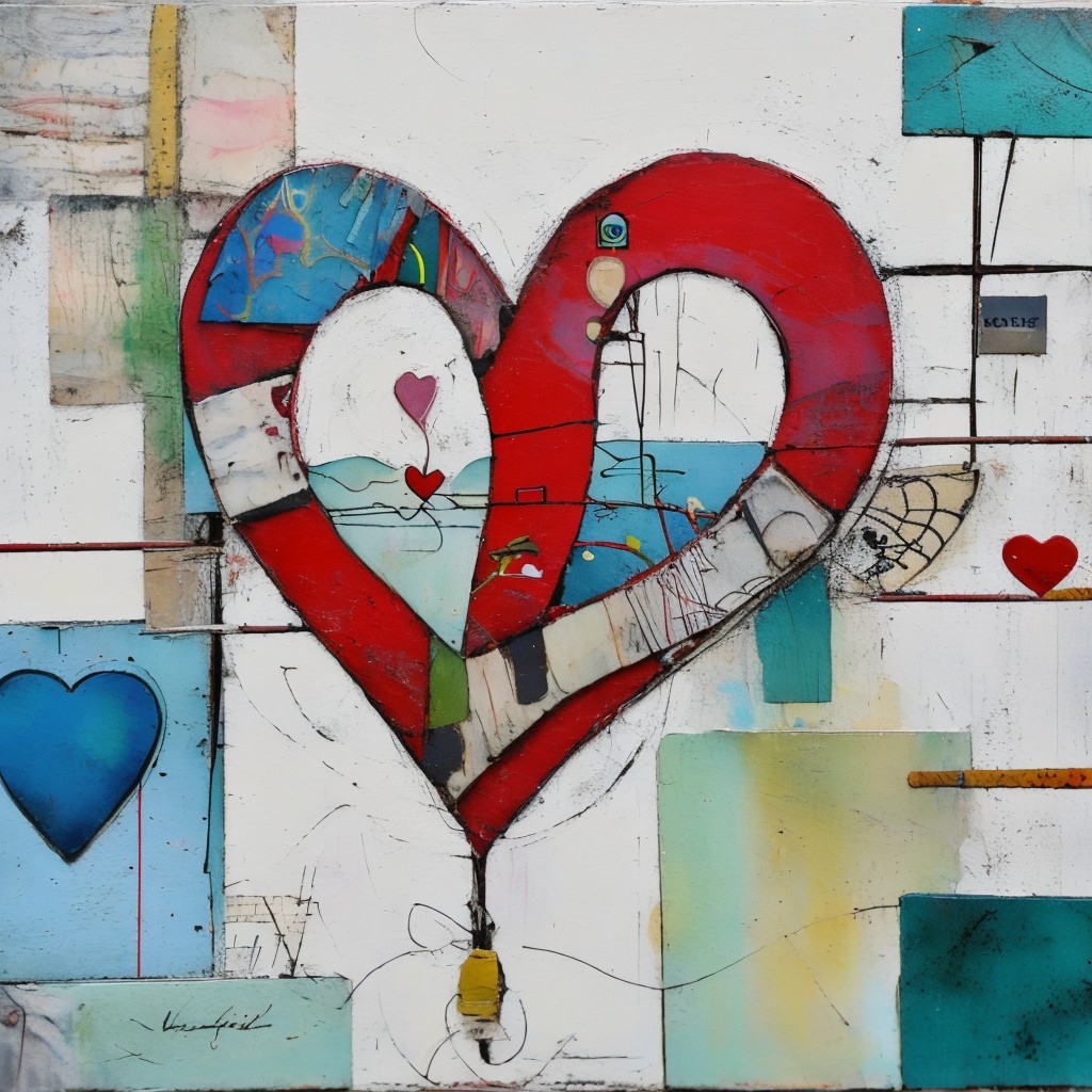 Abstract collage art with red and blue heart shape surrounded by geometric elements and smaller hearts on textured background