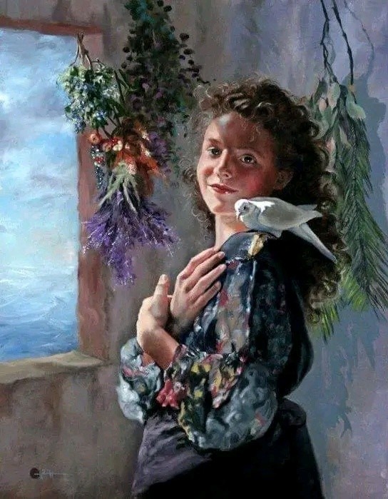 Painted portrait of a smiling girl beside a window holding a small white bird