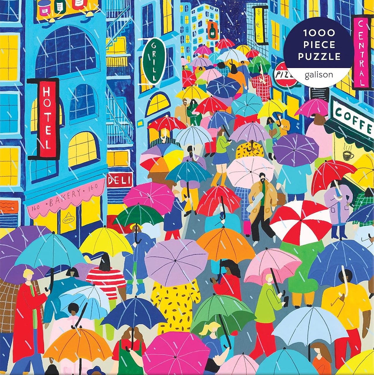 Colorful illustration of crowded street with many umbrellas in rain