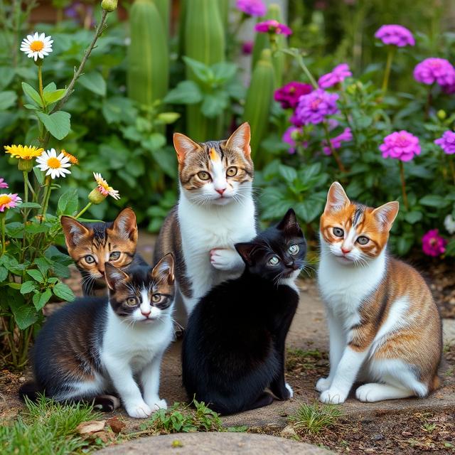 Five Kittens in Garden