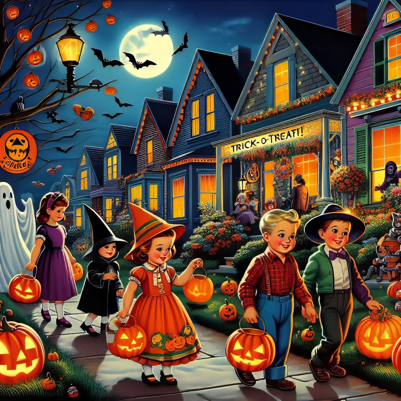 Children in Halloween costumes walk past illuminated houses with jack-o'-lanterns and fall decorations under a full moon