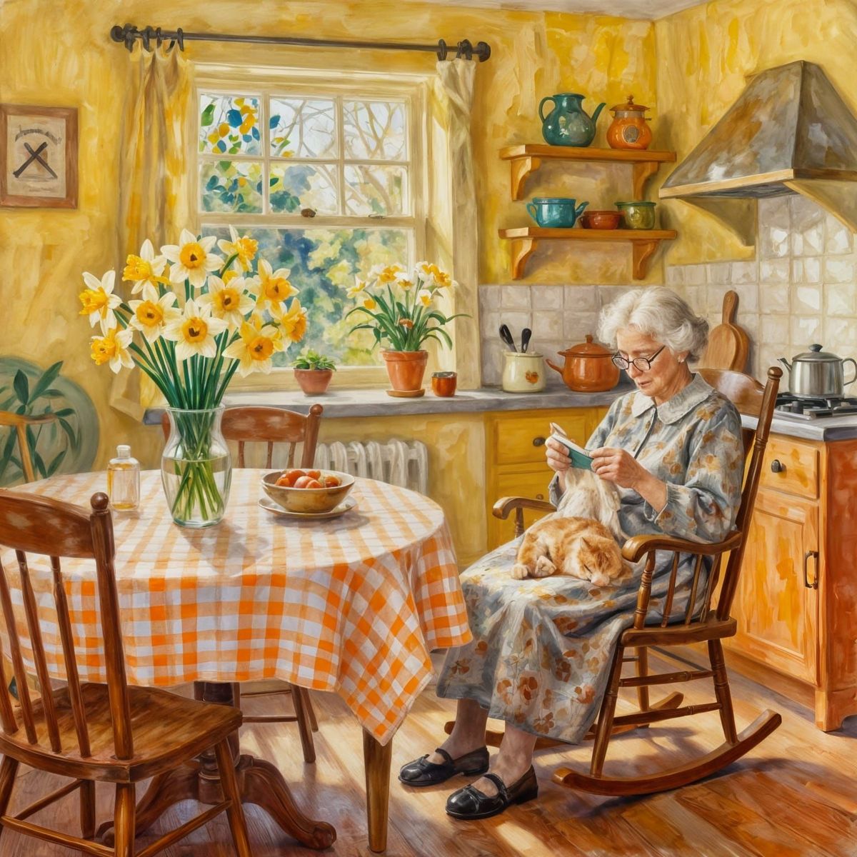 Elderly woman sitting in rocking chair holding orange cat in warm sunny kitchen with flowers on table