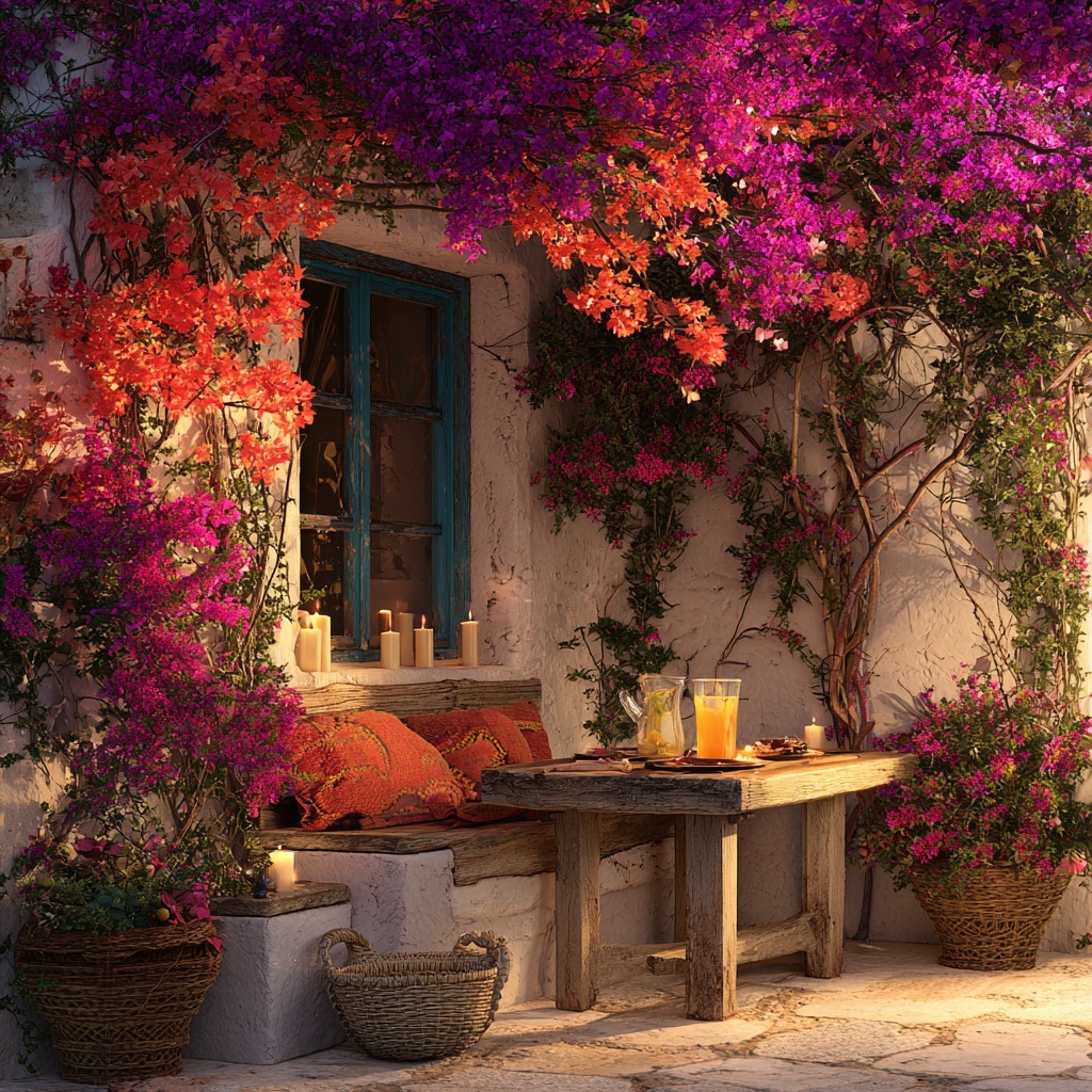 Sunlit patio with colorful flowering vines, rustic table, candles, and a blue window