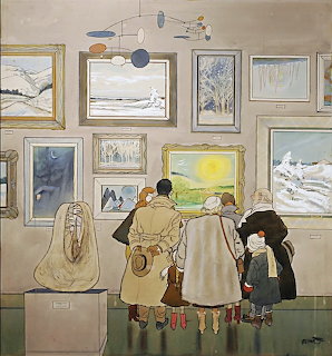 Painting of gallery visitors viewing framed winter landscape artworks on wall with a hanging mobile above