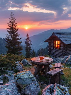 Rustic log cabin at sunset with mountains and pine trees