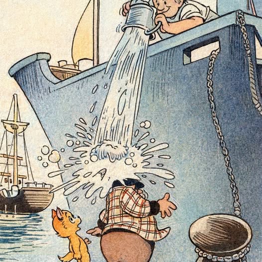 Cartoon harbor scene with a ship splashing water on Heer Bommel as Tom Poes looks on