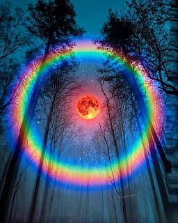 Rainbow halo ring around red moon at dusk with dark tree silhouettes