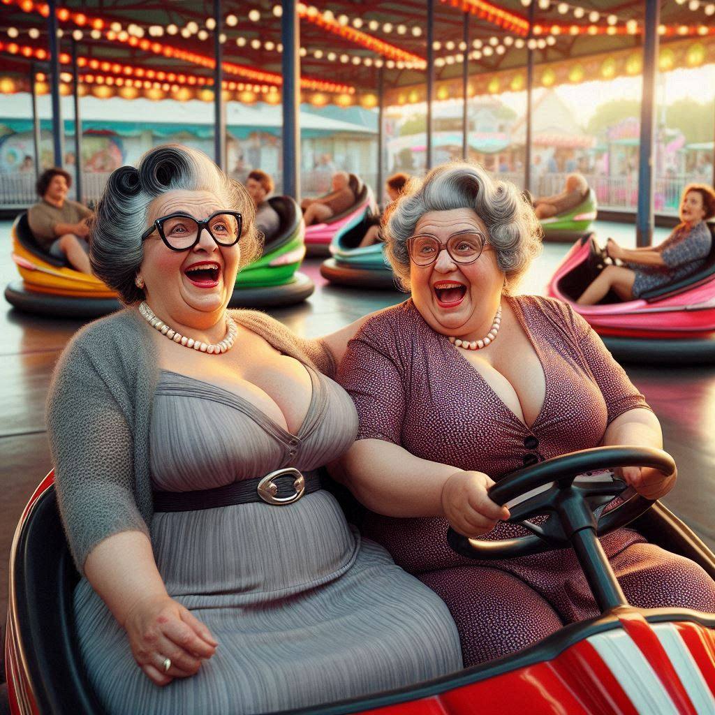 Two laughing elderly women riding a bumper car at a carnival