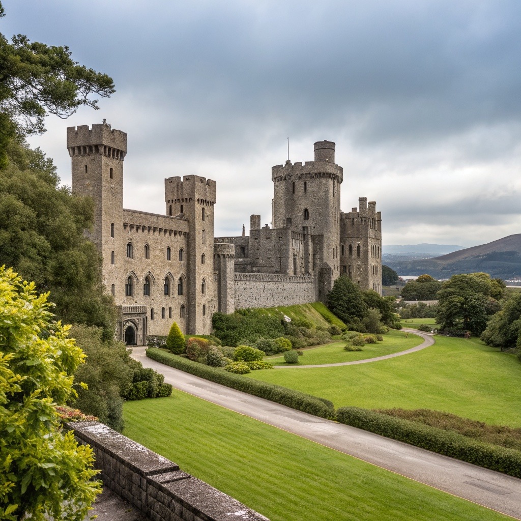 Penryhn Castle stone fortress with towers surrounded by green lawns and trees under cloudy sky