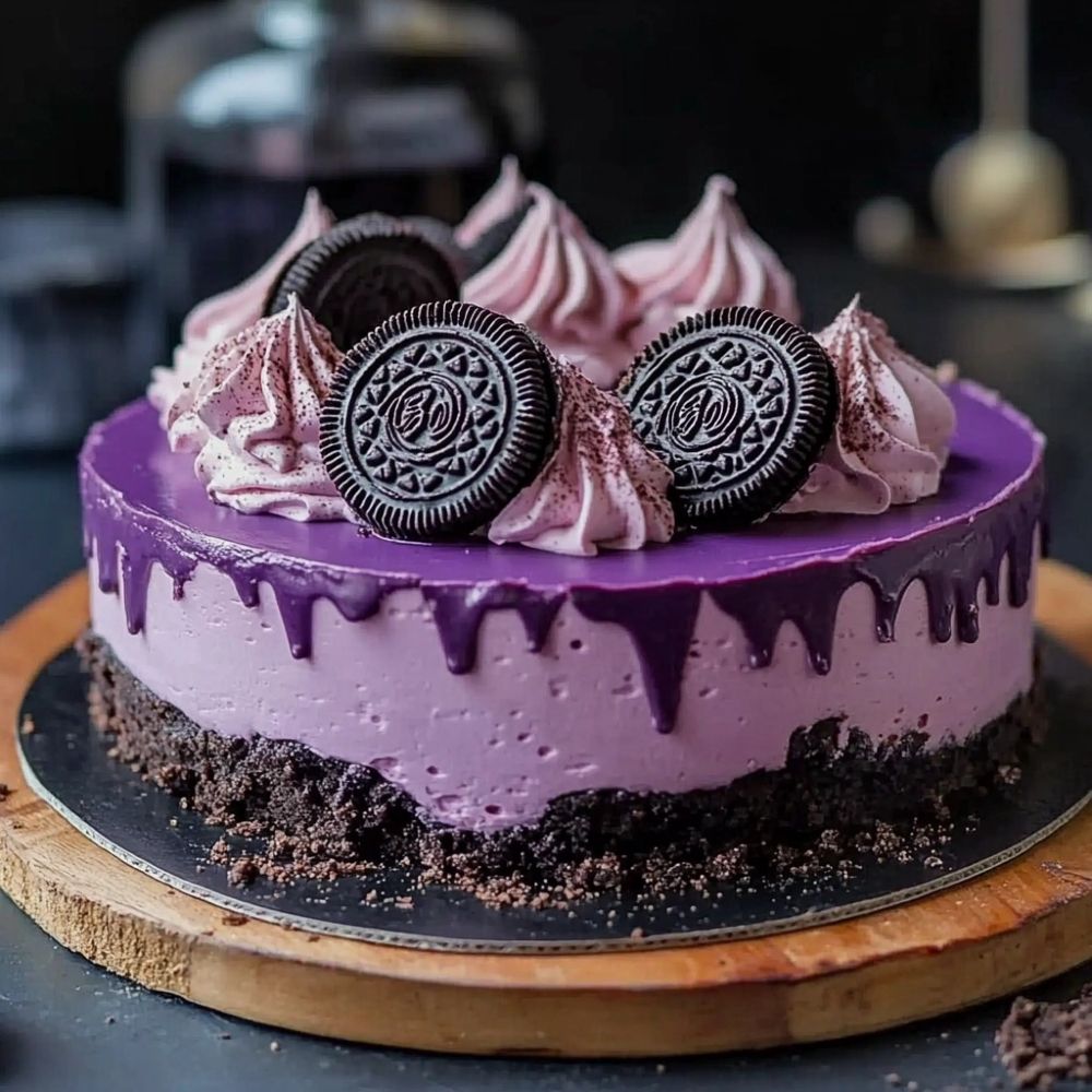 Purple cake with pink frosting rosettes and Oreo cookies on top with chocolate drip