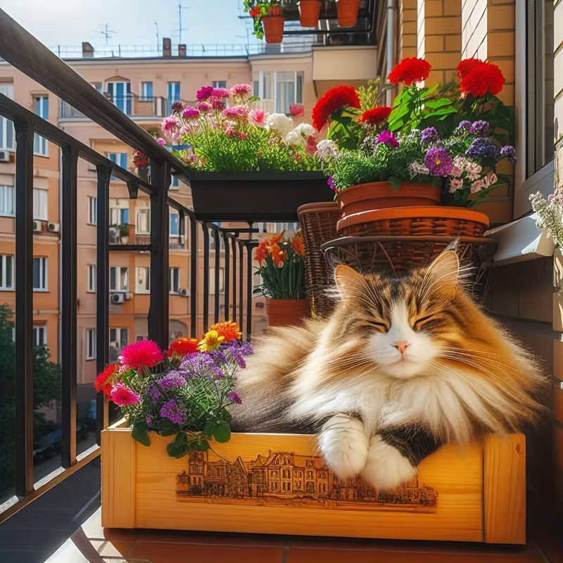 Fluffy long-haired cat lying in a wooden box on a balcony surrounded by colorful potted flowers