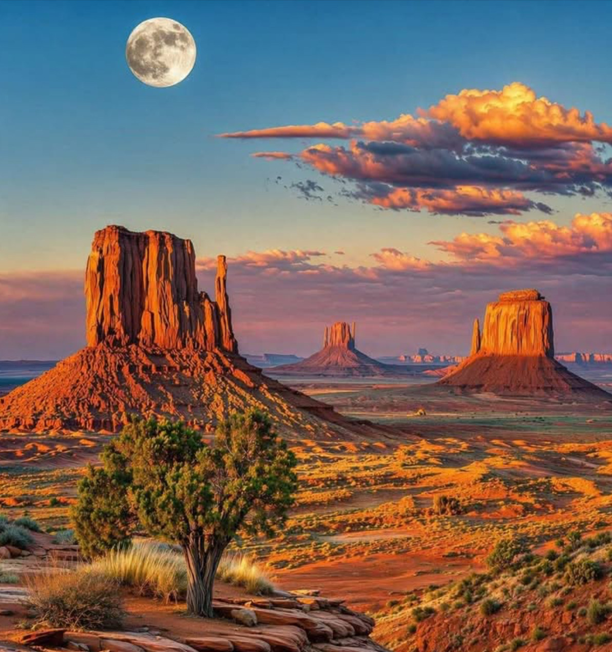 Desert buttes at sunset with a full moon, colorful clouds, and a small tree in the foreground