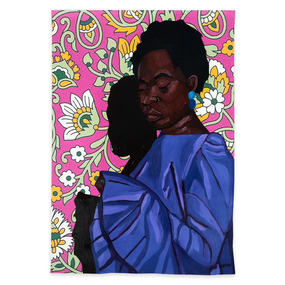 Portrait painting of person in blue against colorful pink floral background