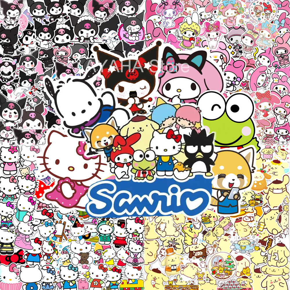 Colorful Sanrio character collage featuring Hello Kitty, My Melody, Kuromi, Keroppi, and other friends