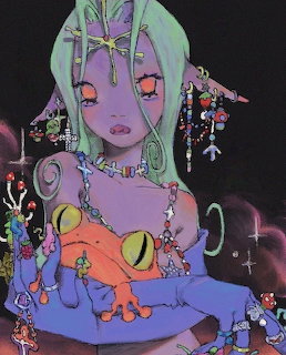 Anime-style girl with green hair holding a blue and orange frog, wearing colorful jewelry and accessories