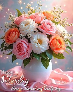 Bouquet of pink and peach roses with white flowers in a white vase on pink silk fabric