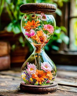 Glass hourglass containing colorful dried flowers in pink, orange, and white arranged in upper and lower chambers