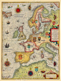 Antique illustrated map of Europe with compass roses, ships, and decorative labels