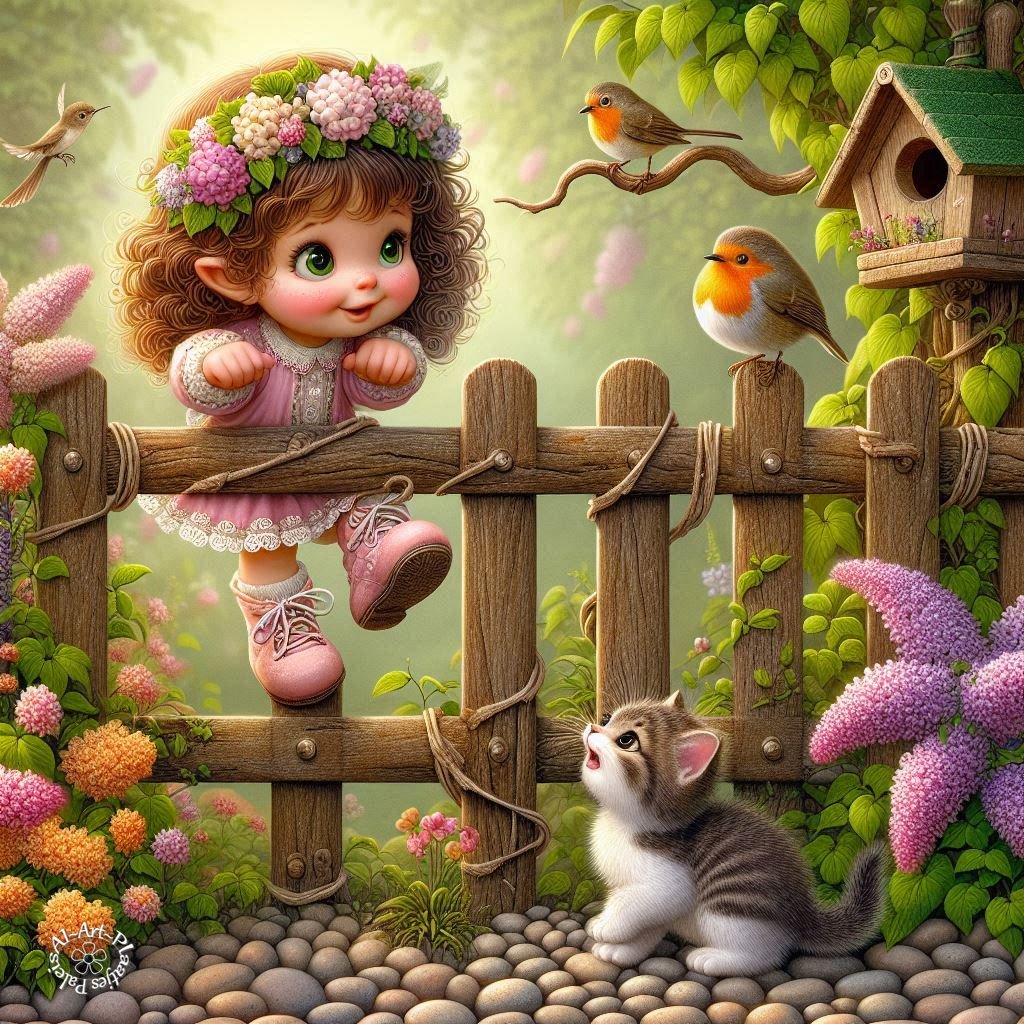 Illustrated girl with flower crown at garden fence with kitten, birds, and vibrant flowers