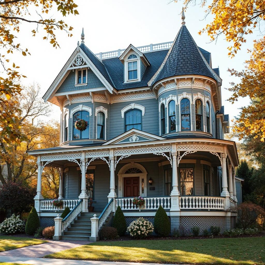 Blue Victorian house with white trim, turret, and wraparound porch in fall setting