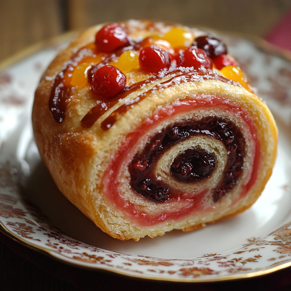 Sliced Swiss roll cake with red and yellow fruit jelly layers, topped with glazed cherries on white plate