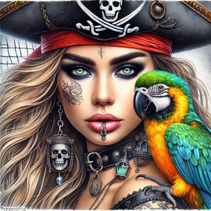 Portrait of woman pirate with red bandana, blonde hair, jewelry, and blue-gold macaw parrot