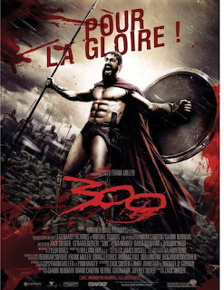 Movie poster for 300 featuring a Spartan warrior with spear, shield, and red cape
