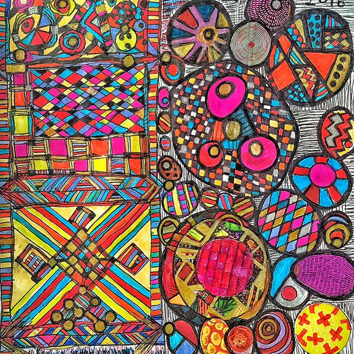 Colorful abstract ink drawing with circles, geometric patterns, and bright multicolored shapes