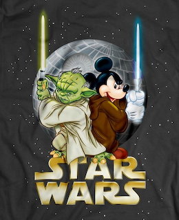 Mickey Mouse as Jedi with lightsaber and Yoda in Star Wars parody illustration