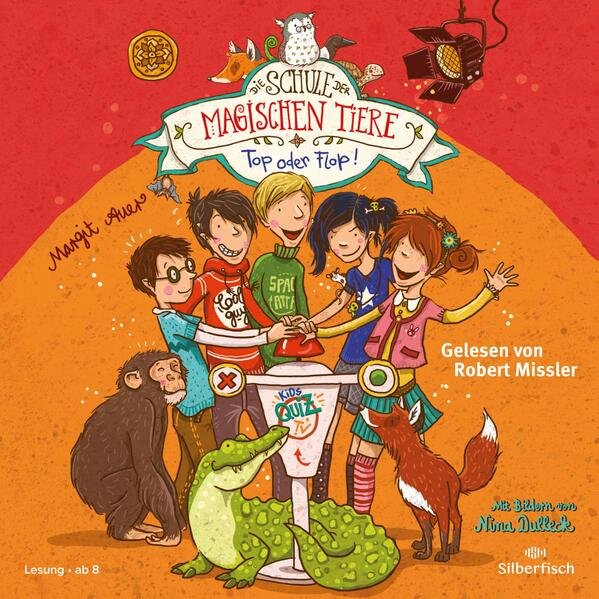 Illustrated children with magical animals on orange background