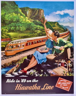 Vintage travel poster showing a couple on a hillside waving at an orange streamlined Hiawatha Line train