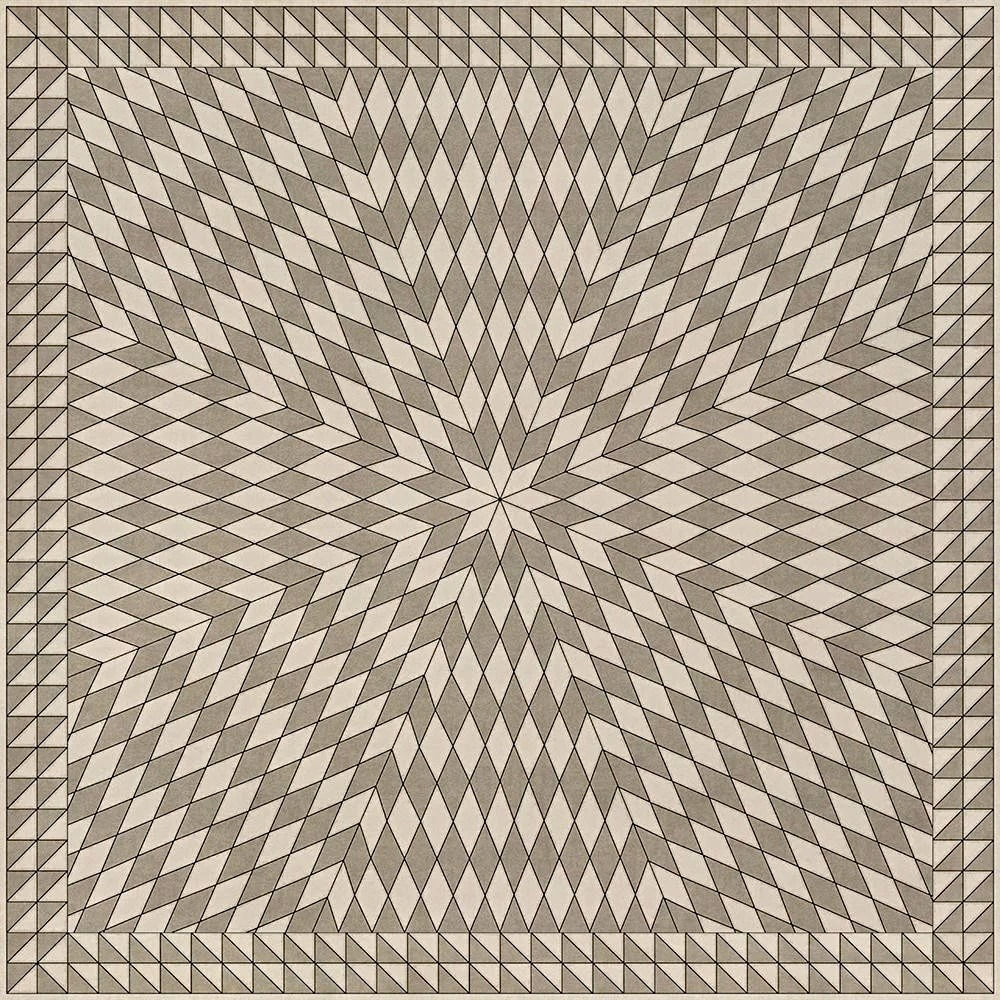 Geometric sunburst quilt pattern with diamonds and triangles in beige, brown, and cream tones radiating from center