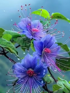 Three blue-purple exotic flowers with long stamens and green leaves covered in water droplets