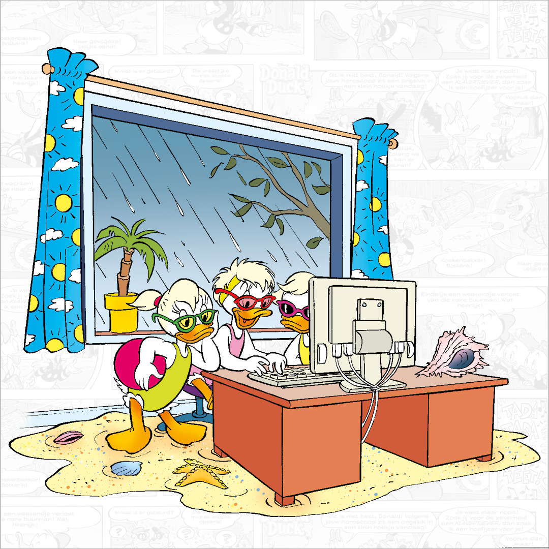 Donald Duck standing at an office desk with computer and tropical beach window backdrop