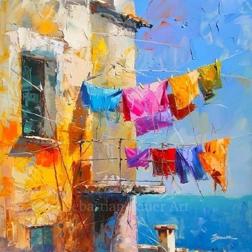 Colorful impressionist painting of laundry drying on a line outside a building by the sea